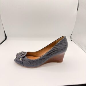 Tory Burch Mini Miller Peep-Toe Wedge Heels | Lizard Embossed Leather